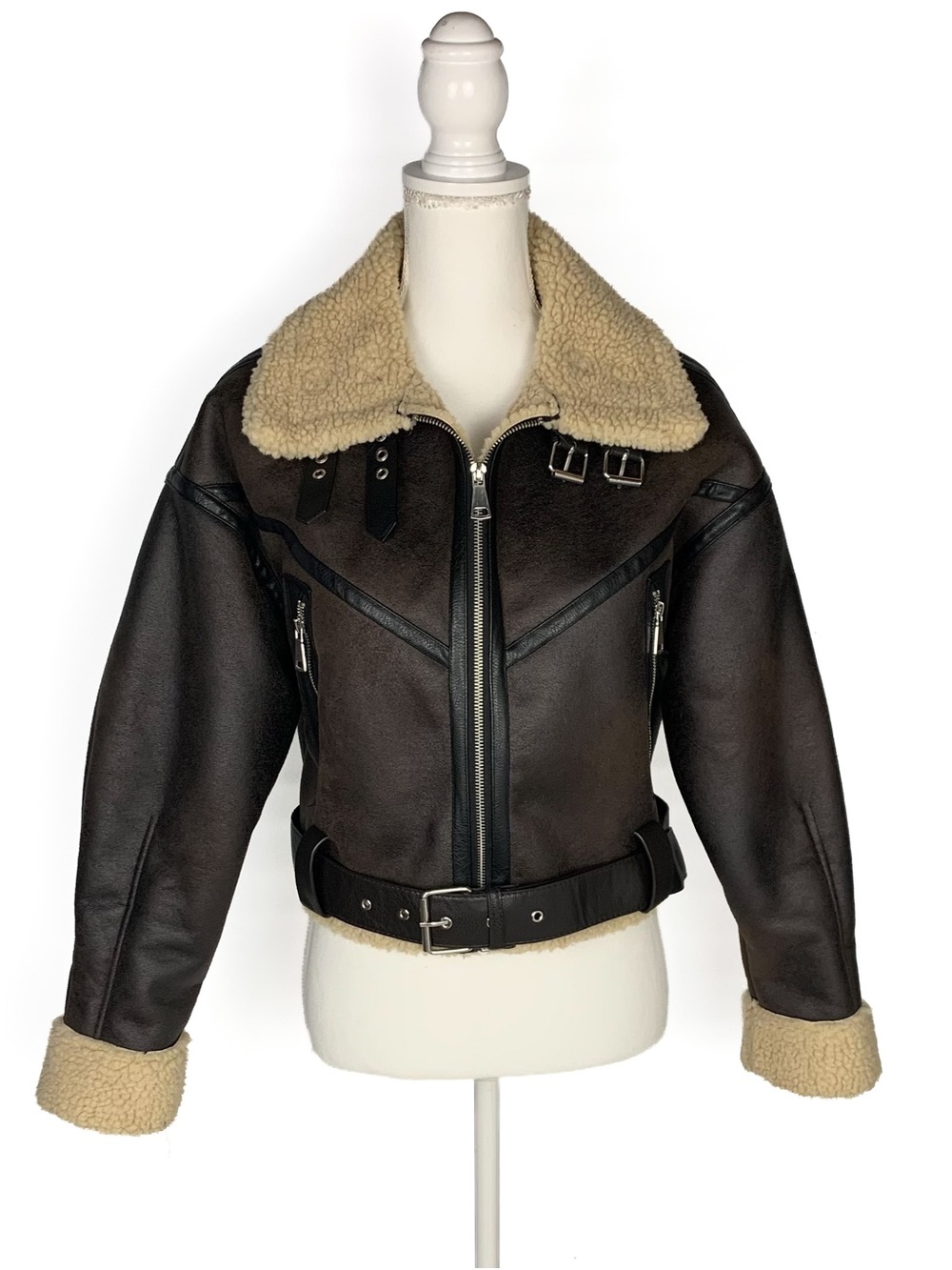 ZARA Double Faced Faux Shearling Aviator Jacket Cropped Size S Oversized Brown